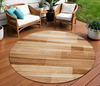 8' Rust And Ivory Round Striped Washable Indoor Outdoor Area Rug