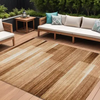9' X 12' Rust And Ivory Striped Washable Indoor Outdoor Area Rug