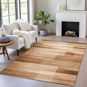 9' X 12' Rust And Ivory Striped Washable Indoor Outdoor Area Rug