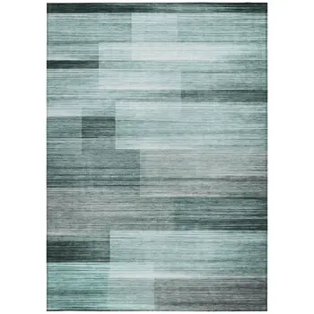3' X 5' Teal Blue And Ivory Striped Washable Indoor Outdoor Area Rug