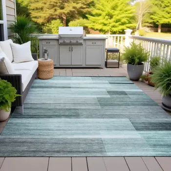 3' X 5' Teal Blue And Ivory Striped Washable Indoor Outdoor Area Rug