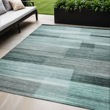 5' X 8' Teal Blue And Ivory Striped Washable Indoor Outdoor Area Rug