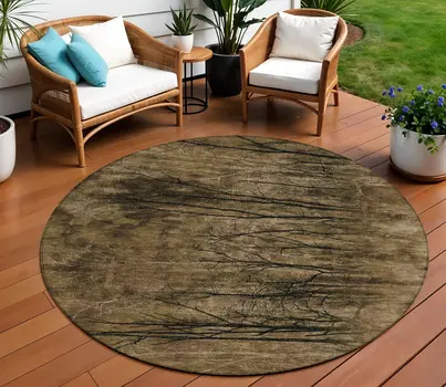 8' Brown And Charcoal Round Floral Washable Indoor Outdoor Area Rug