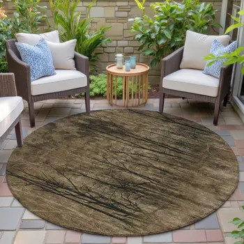 8' Brown And Charcoal Round Floral Washable Indoor Outdoor Area Rug