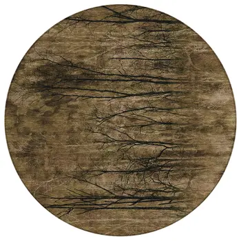 8' Brown And Charcoal Round Floral Washable Indoor Outdoor Area Rug