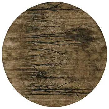 8' Brown And Charcoal Round Floral Washable Indoor Outdoor Area Rug
