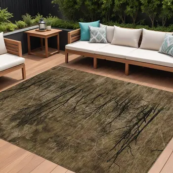 8' X 10' Brown And Charcoal Floral Washable Indoor Outdoor Area Rug