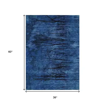 3' X 5' Blue And Charcoal Floral Washable Indoor Outdoor Area Rug
