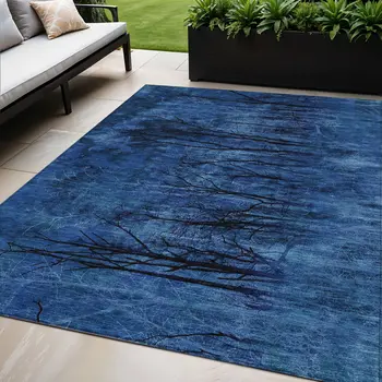 5' X 8' Blue And Charcoal Floral Washable Indoor Outdoor Area Rug