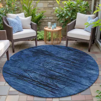 8' Blue And Charcoal Round Floral Washable Indoor Outdoor Area Rug