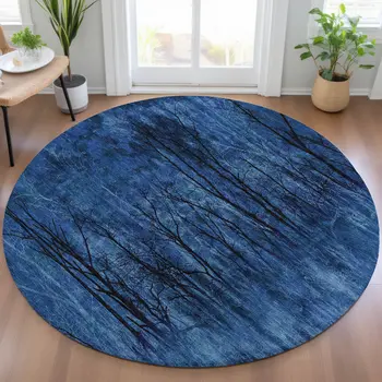 8' Blue And Charcoal Round Floral Washable Indoor Outdoor Area Rug