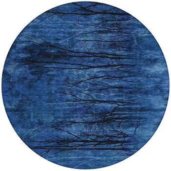 8' Blue And Charcoal Round Floral Washable Indoor Outdoor Area Rug