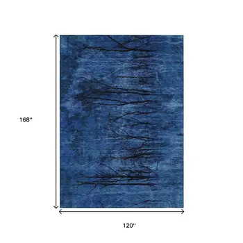 10' X 14' Blue And Charcoal Floral Washable Indoor Outdoor Area Rug
