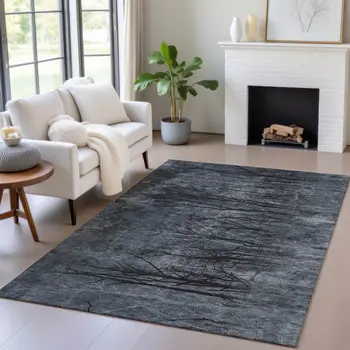 3' X 5' Charcoal And Gray Floral Washable Indoor Outdoor Area Rug