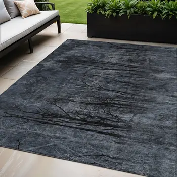 5' X 8' Charcoal And Gray Floral Washable Indoor Outdoor Area Rug
