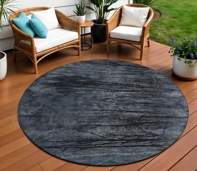 8' Charcoal And Gray Round Floral Washable Indoor Outdoor Area Rug
