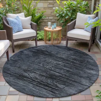 8' Charcoal And Gray Round Floral Washable Indoor Outdoor Area Rug
