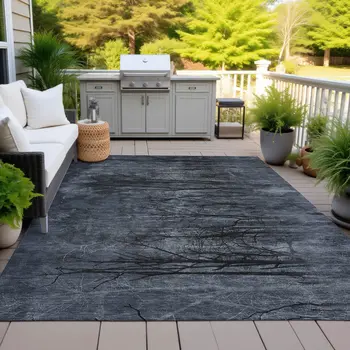 10' X 14' Charcoal And Gray Floral Washable Indoor Outdoor Area Rug
