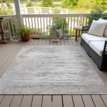 9' X 12' Silver And Gray Floral Washable Indoor Outdoor Area Rug