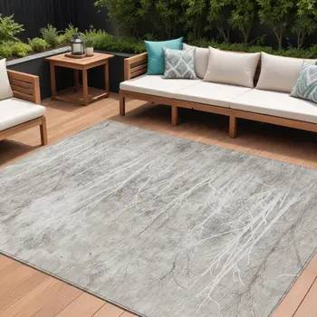 10' X 14' Silver And Gray Floral Washable Indoor Outdoor Area Rug