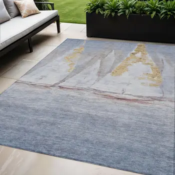 5' X 8' Blue And Gold Nautical Washable Indoor Outdoor Area Rug