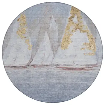 8' Blue And Gold Round Nautical Washable Indoor Outdoor Area Rug