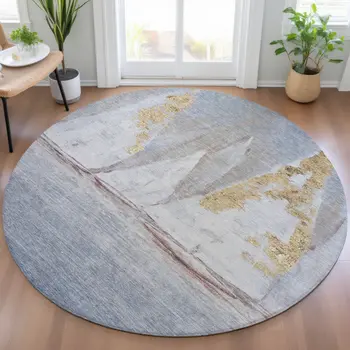 8' Blue And Gold Round Nautical Washable Indoor Outdoor Area Rug