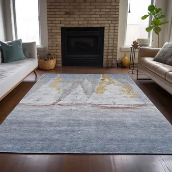 9' X 12' Blue And Gold Nautical Washable Indoor Outdoor Area Rug
