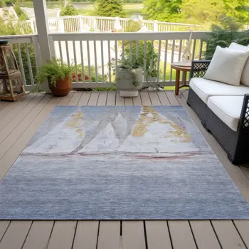 9' X 12' Blue And Gold Nautical Washable Indoor Outdoor Area Rug