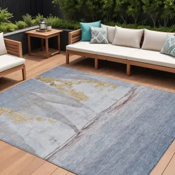 10' X 14' Blue And Gold Nautical Washable Indoor Outdoor Area Rug