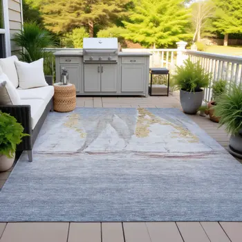 10' X 14' Blue And Gold Nautical Washable Indoor Outdoor Area Rug