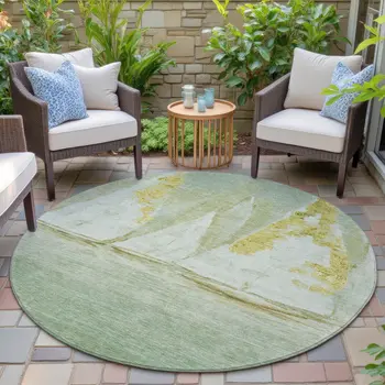 8' Green And Gold Round Nautical Washable Indoor Outdoor Area Rug