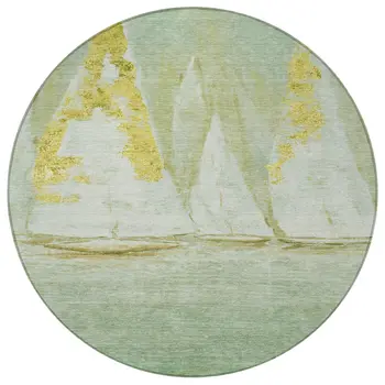 8' Green And Gold Round Nautical Washable Indoor Outdoor Area Rug