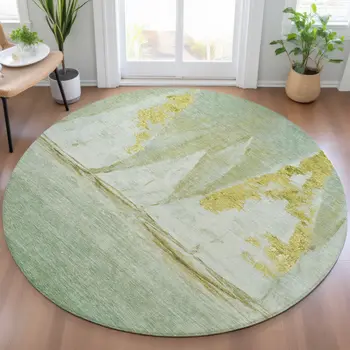 8' Green And Gold Round Nautical Washable Indoor Outdoor Area Rug