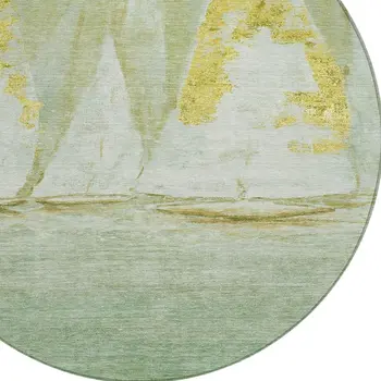 8' Green And Gold Round Nautical Washable Indoor Outdoor Area Rug