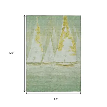 8' X 10' Green And Gold Nautical Washable Indoor Outdoor Area Rug