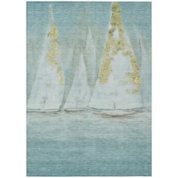 3' X 5' Teal Blue And Gold Nautical Washable Indoor Outdoor Area Rug