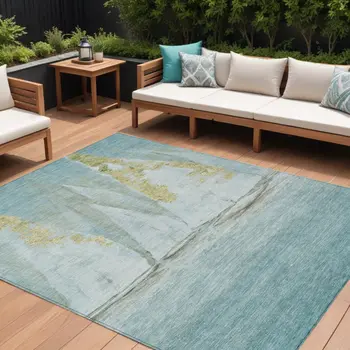 9' X 12' Teal Blue And Gold Nautical Washable Indoor Outdoor Area Rug