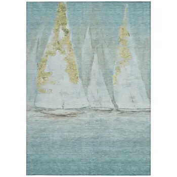 10' X 14' Teal Blue And Gold Nautical Washable Indoor Outdoor Area Rug