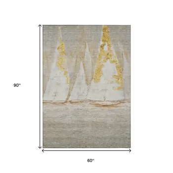 5' X 8' Taupe And Gold Nautical Washable Indoor Outdoor Area Rug