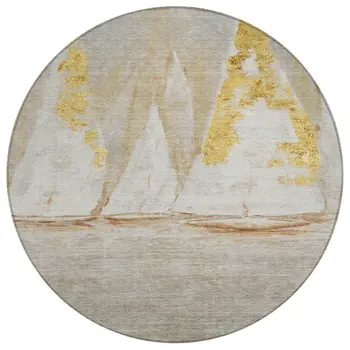 8' Taupe And Gold Round Nautical Washable Indoor Outdoor Area Rug