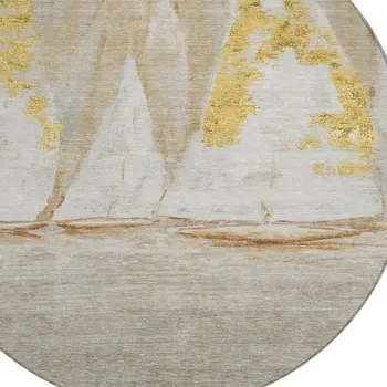 8' Taupe And Gold Round Nautical Washable Indoor Outdoor Area Rug