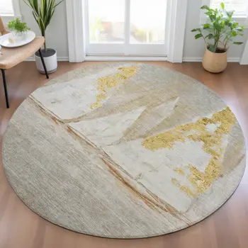 8' Taupe And Gold Round Nautical Washable Indoor Outdoor Area Rug