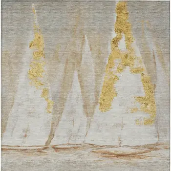 9' X 12' Taupe And Gold Nautical Washable Indoor Outdoor Area Rug