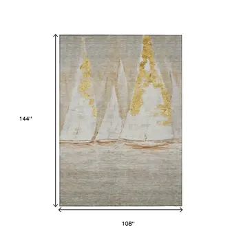 9' X 12' Taupe And Gold Nautical Washable Indoor Outdoor Area Rug
