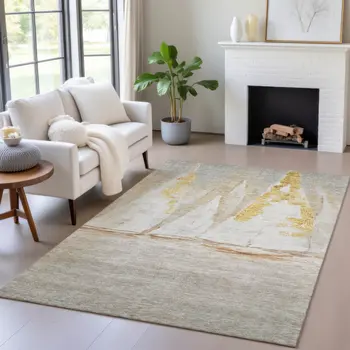 9' X 12' Taupe And Gold Nautical Washable Indoor Outdoor Area Rug