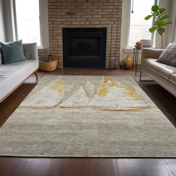 9' X 12' Taupe And Gold Nautical Washable Indoor Outdoor Area Rug