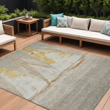 10' X 14' Taupe And Gold Nautical Washable Indoor Outdoor Area Rug