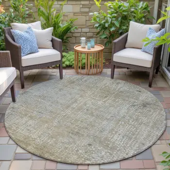 8' Beige And Ivory Round Abstract Washable Indoor Outdoor Area Rug