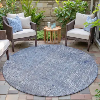 8' Blue And Ivory Round Abstract Washable Indoor Outdoor Area Rug